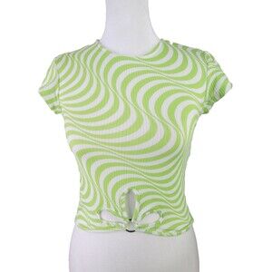 Green & White Crop Top Juniors S Just Polly Silver Ring Poly Spandex NWT 31-524